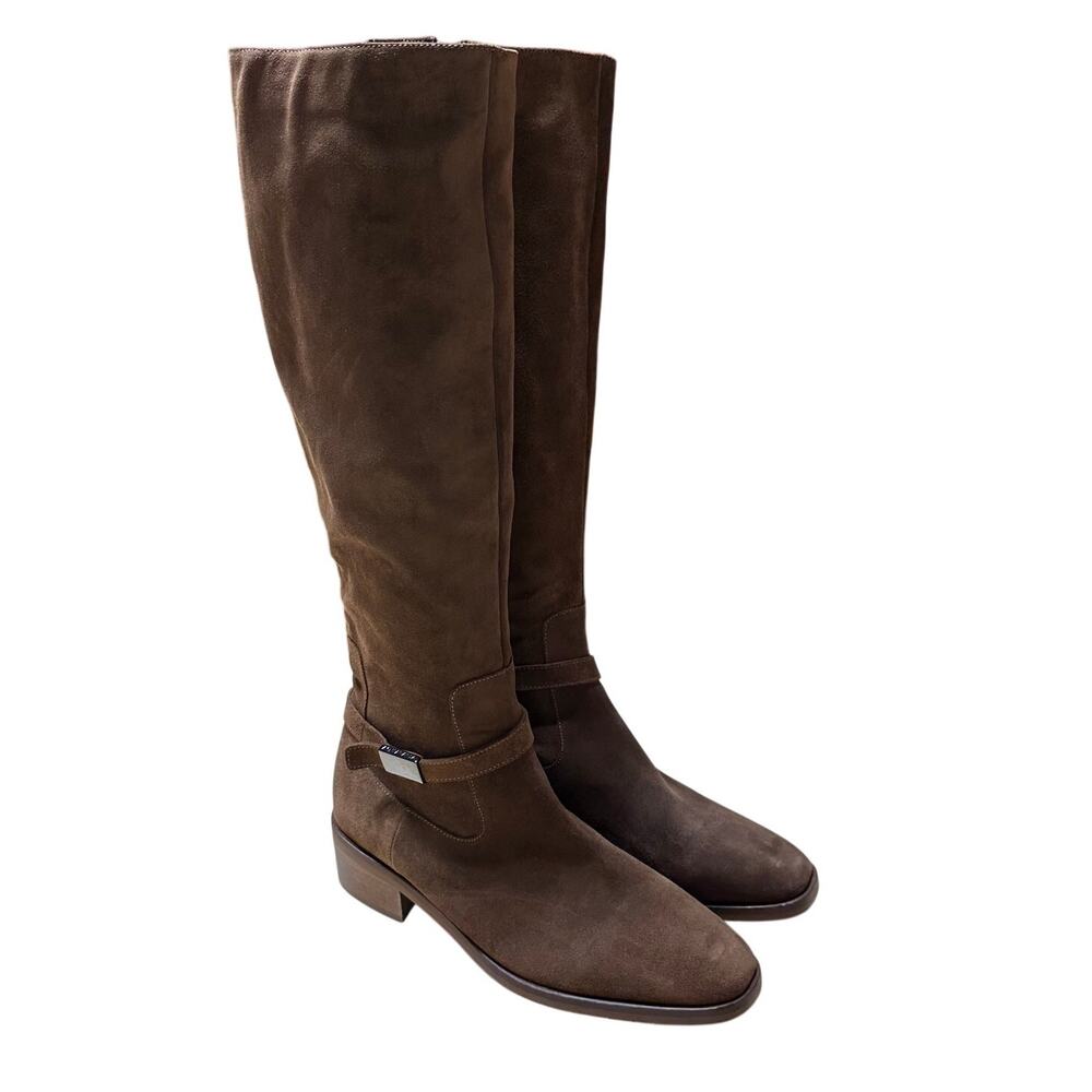 Aquatalia Brown Suede Knee High Boots Buckle Accent Zipper Closure Sz 9.5 EUC